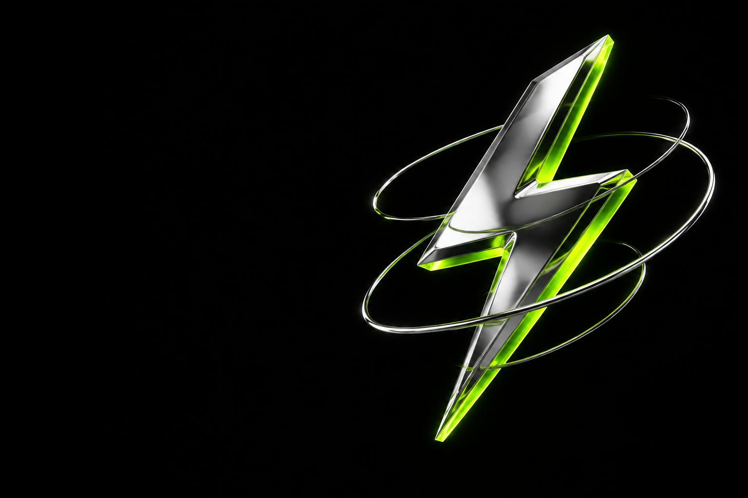Chrome lightning bolt with luminous green orbital rings
